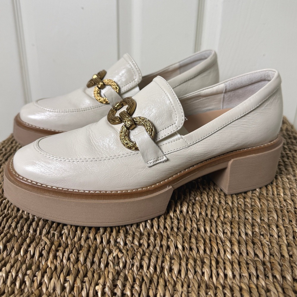 Dolce Vita Platform Loafers Womens 9.5 Ivory Leather Gold Chain Chunky Heel Lug - Picture 6 of 9